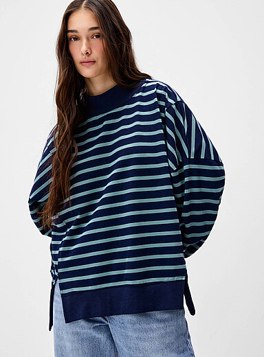 Twik Patterned Blue Offset stripes terry T-shirt for women