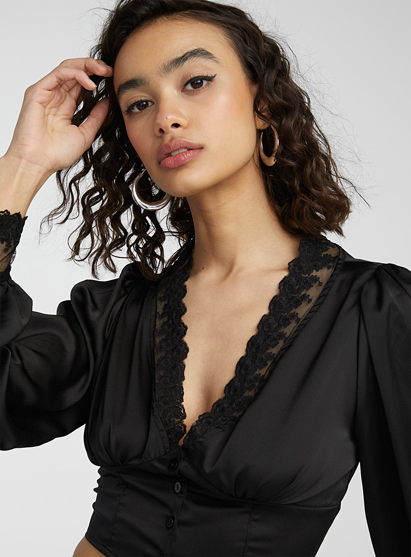 Twik: La blouse bustier dentelle et satin Noir pour femme