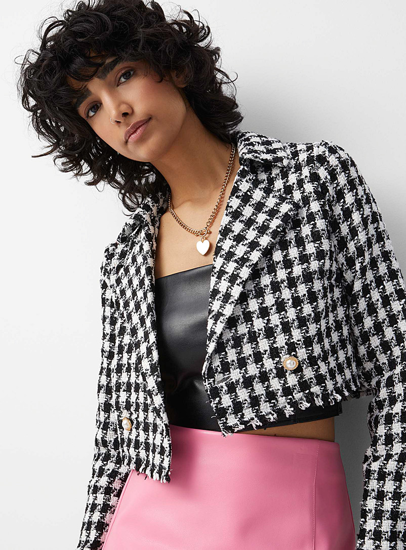Twik Patterned Black Jewel buttons cropped tweed jacket for women