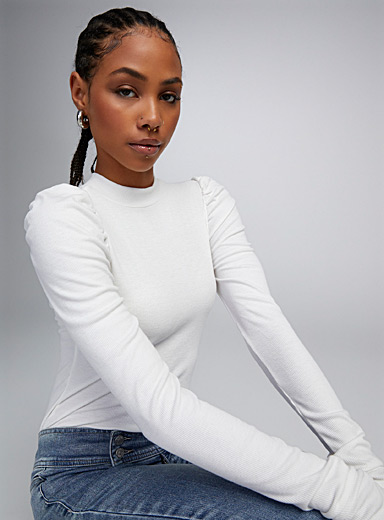 Puff shoulders mock-neck T-shirt | Twik | Shop Women's Long Sleeves ...