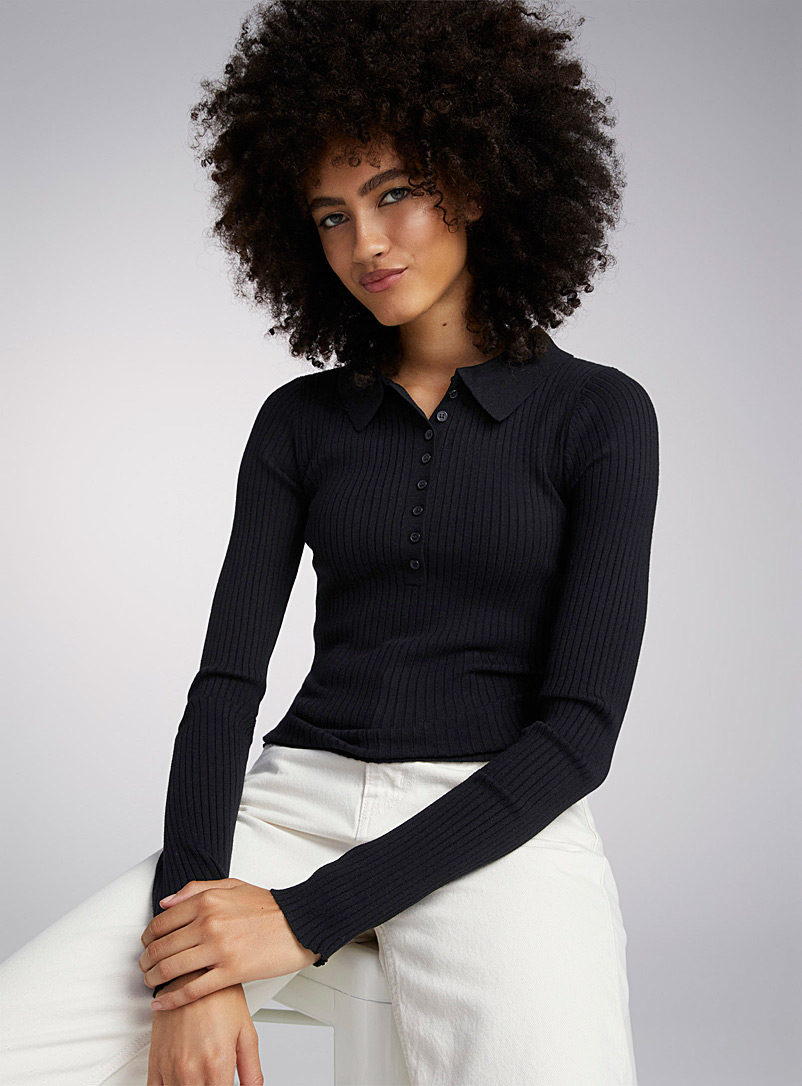 Twik Black Ribbed polo collar sweater for women