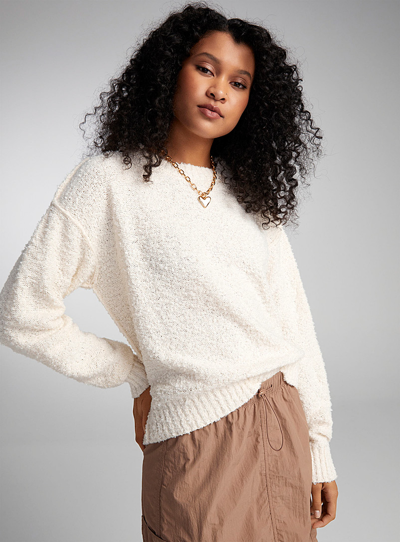 Twik Ivory White Bouclé knit loose sweater for women