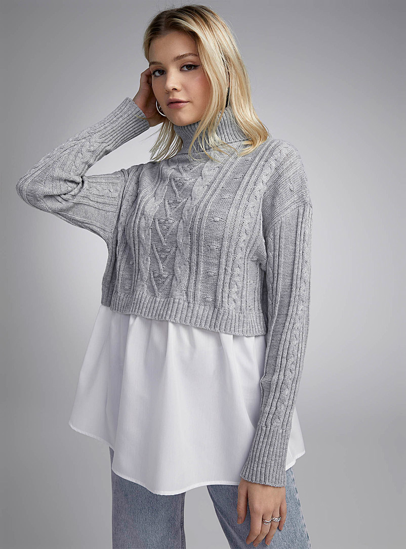 Twik Grey Voile edging cabled turtleneck sweater for women