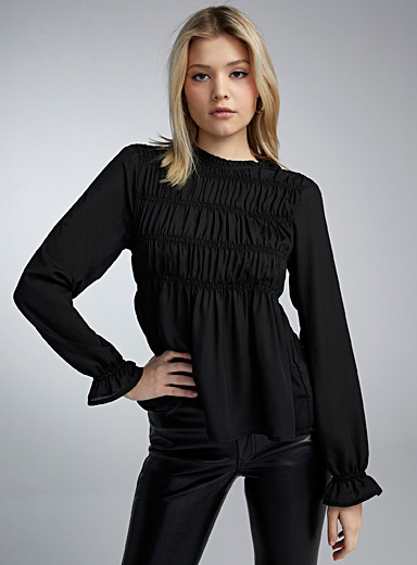 Twik Black Smocked chiffon blouse for women