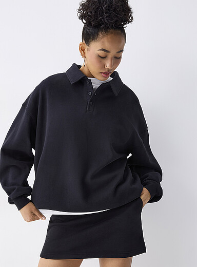Twik Black Loose polo-collar fleece sweater for women