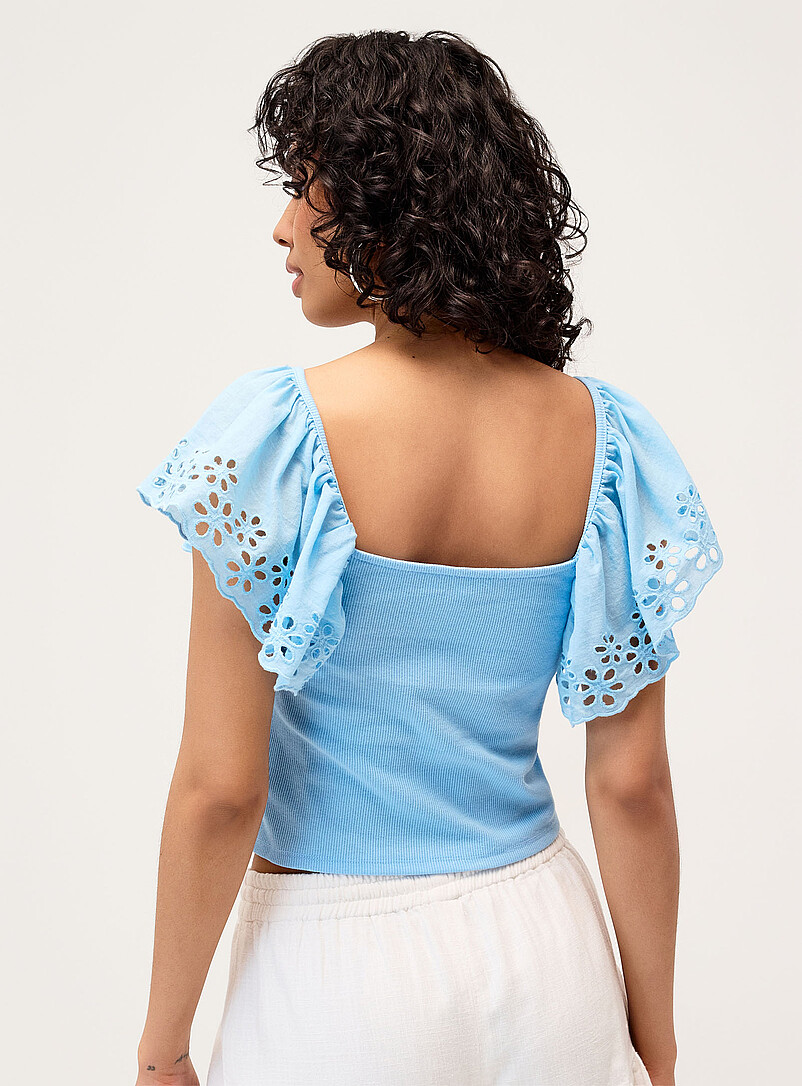 Twik Slate Blue Broderie anglaise sleeve cropped T-shirt for women
