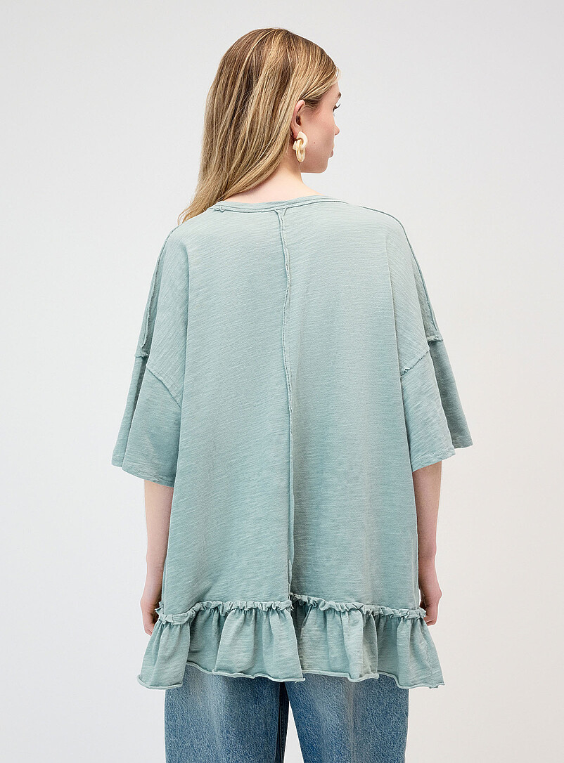 Twik White Ruffled slub oversized T-shirt for women