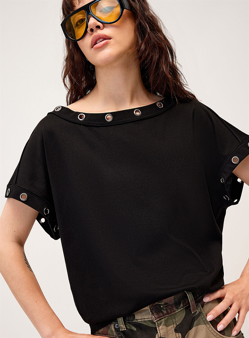 Twik Black Large eyelets off-the-shoulder T-shirt for women