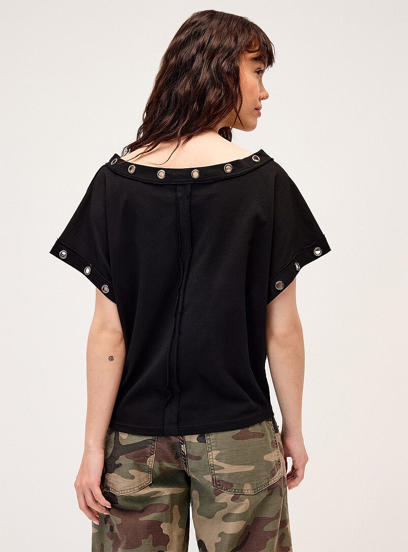 Twik Black Large eyelets off-the-shoulder T-shirt for women