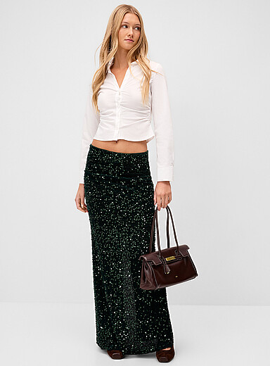 Twik Mossy Green Sequined velvet fitted maxi skirt for women