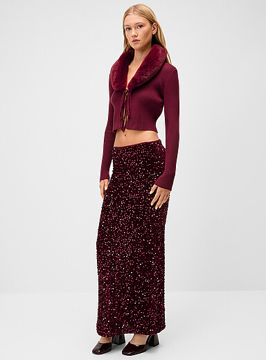 Twik Burgundy Sequined velvet fitted maxi skirt for women