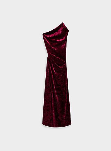 Twik Burgundy Fitted velvety halter maxi dress for women