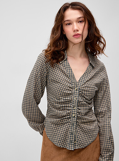 Twik Patterned Teal Green Ruffled checkered shirt for women