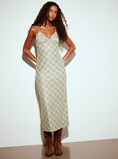 Twik Patterned Green Checkers and lace micromesh dress for women