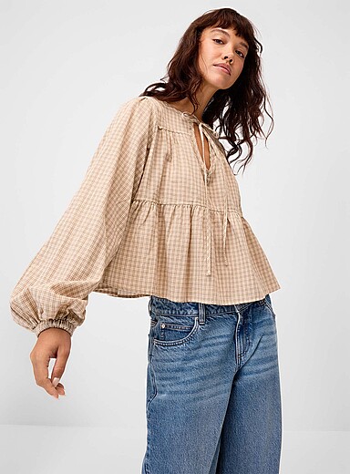 Twik Sage Green Checkered tie-neck peasant blouse for women