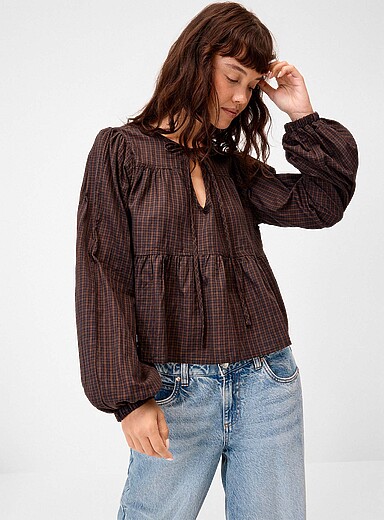 Twik: La blouse paysanne col nou&eacute; &agrave; carreaux Chocolat - Espresso pour femme