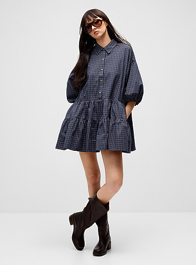 Twik: La robe babydoll &agrave; carreaux Bleu marine - Bleu nuit pour femme