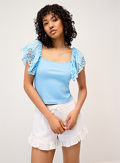 Broderie anglaise sleeve cropped T-shirt