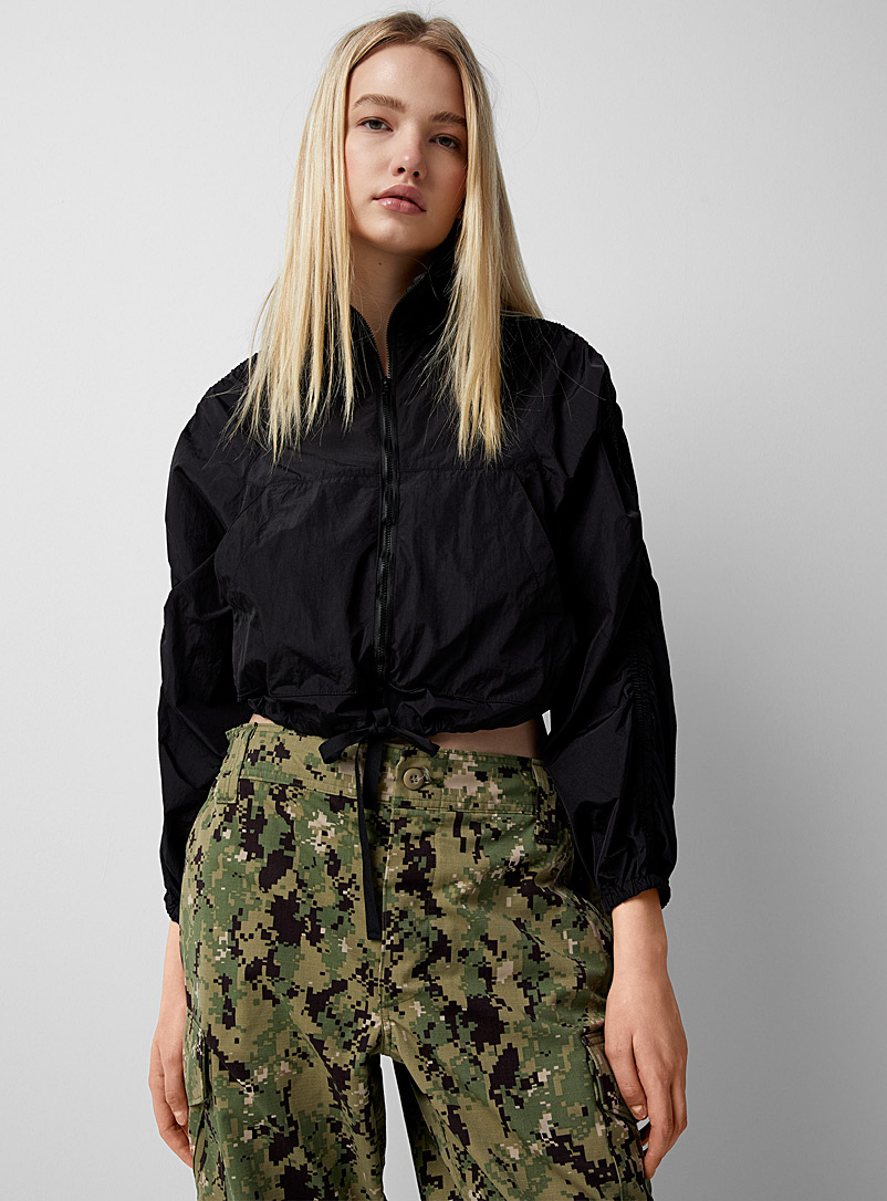 Twik Black Nylon stand-collar jacket for women