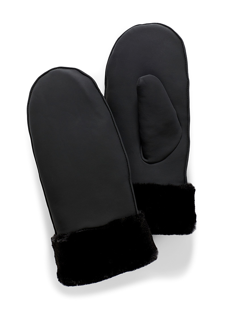 Simons Black Faux-fur trim waterproof mittens for women