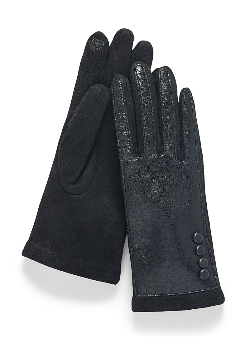 Simons Black Faux-leather and suede buttoned gloves for women