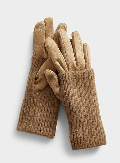 Ribbed wrist-warmer faux-suede gloves