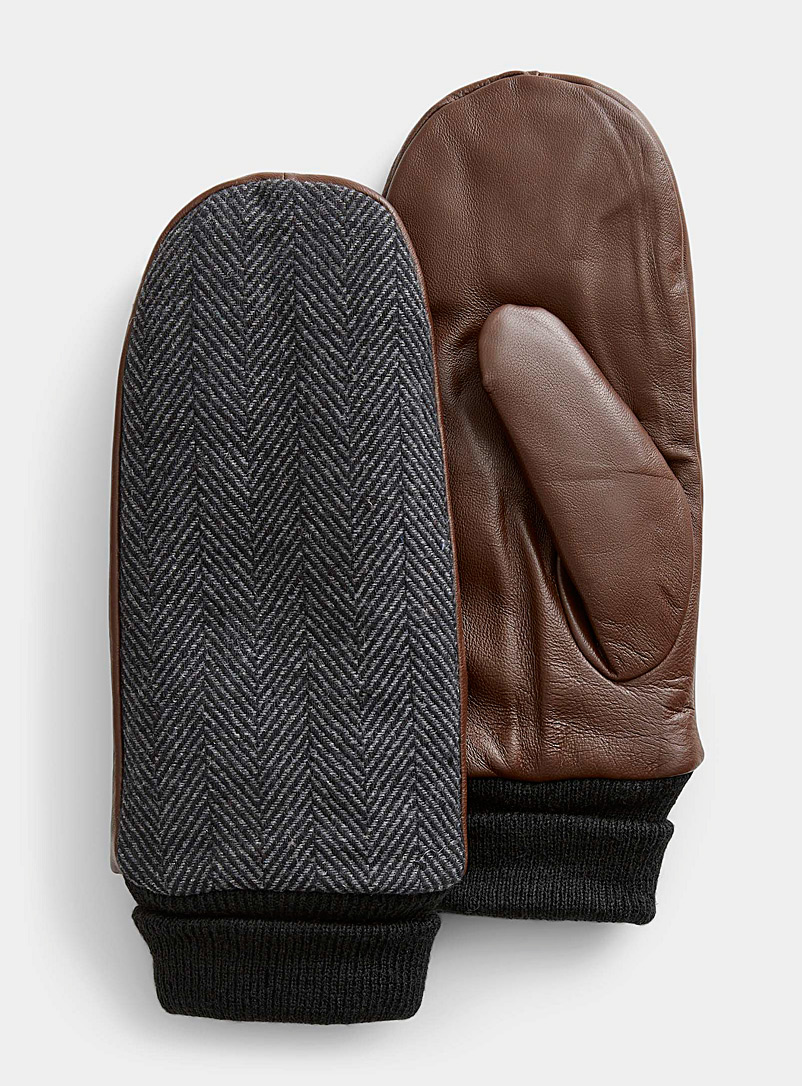 Club Rochelier Patterned Grey Herringbone top leather mittens for men