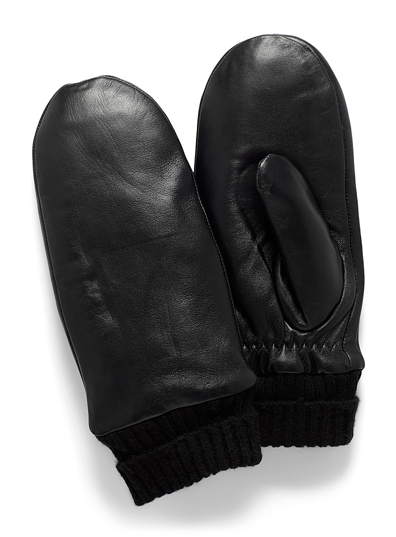 Simons Black Knit cuff leather mittens for women