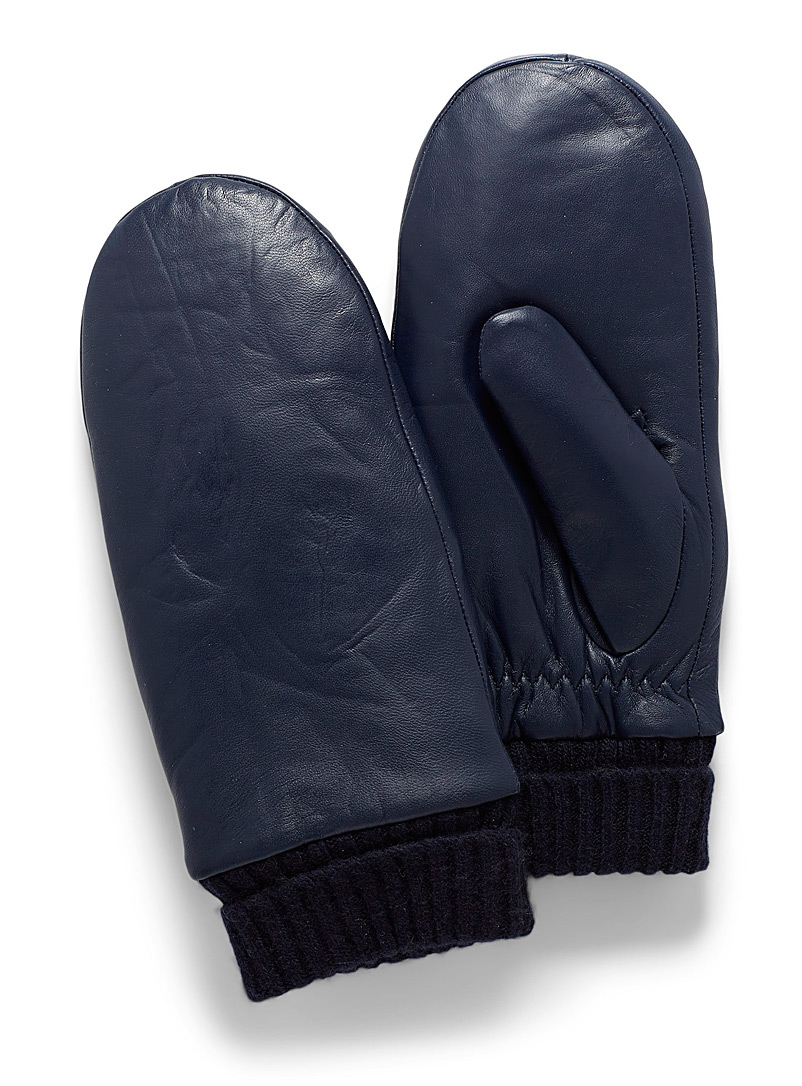 Simons Marine Blue Knit cuff leather mittens for women