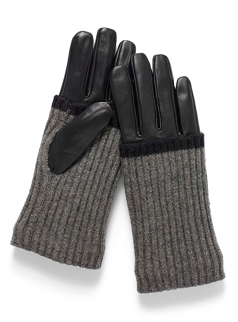 Simons: Le gant cuir avec chauffe-poignet côtelé Noir pour femme