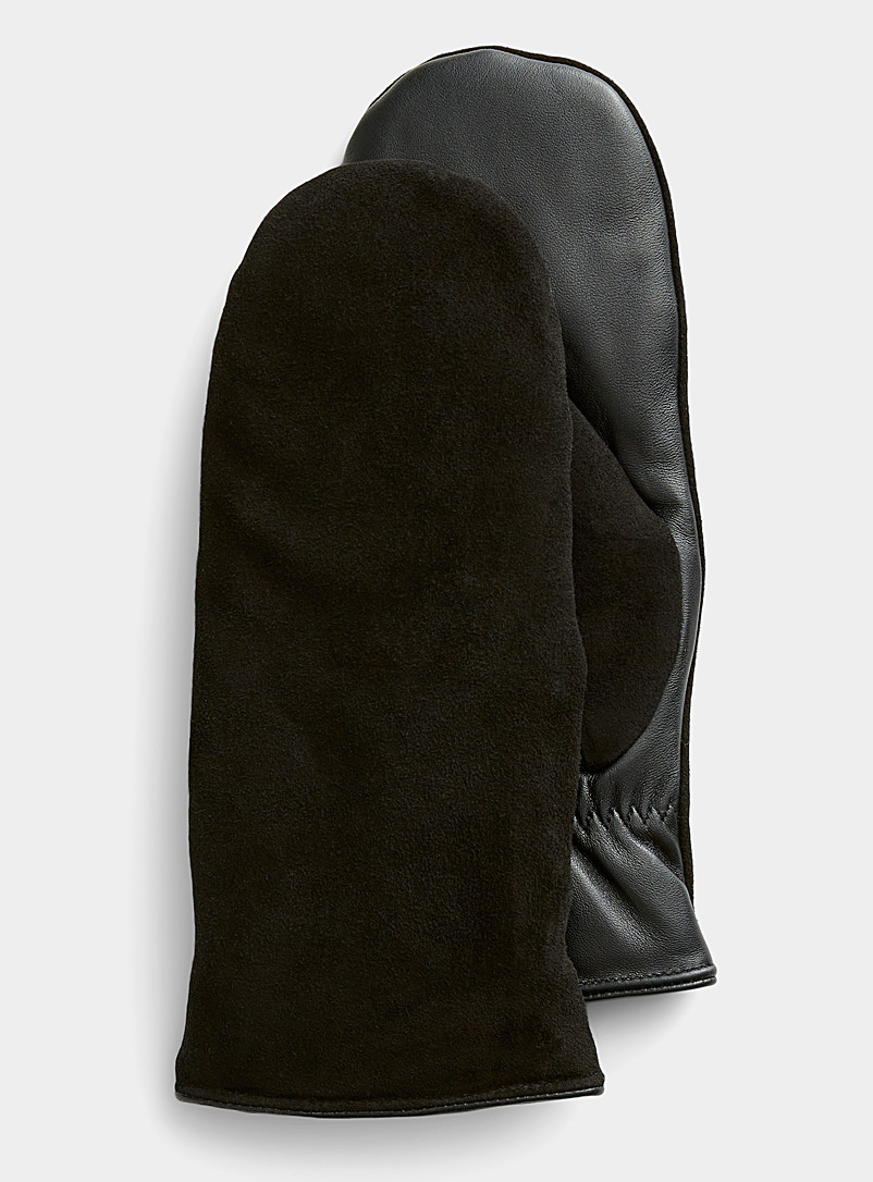Simons Black Leather palm suede mittens for women