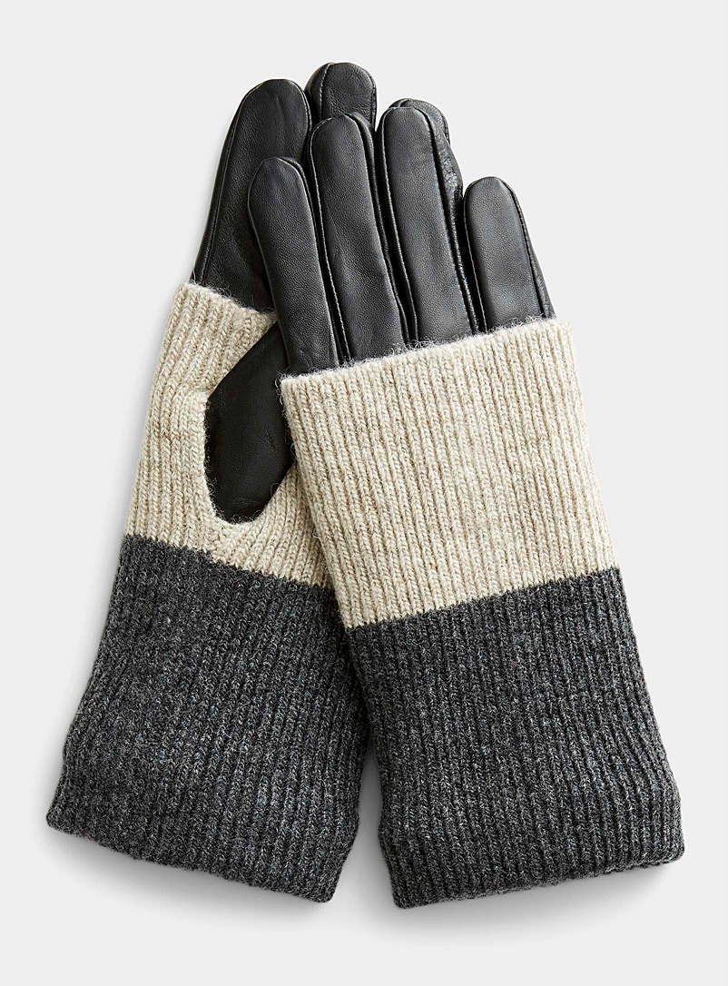 Simons Black Knit wrist warmer leather gloves for women