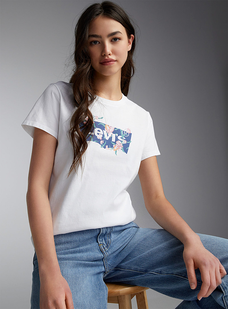 Levi's White Pink flowers logo T-shirt for women