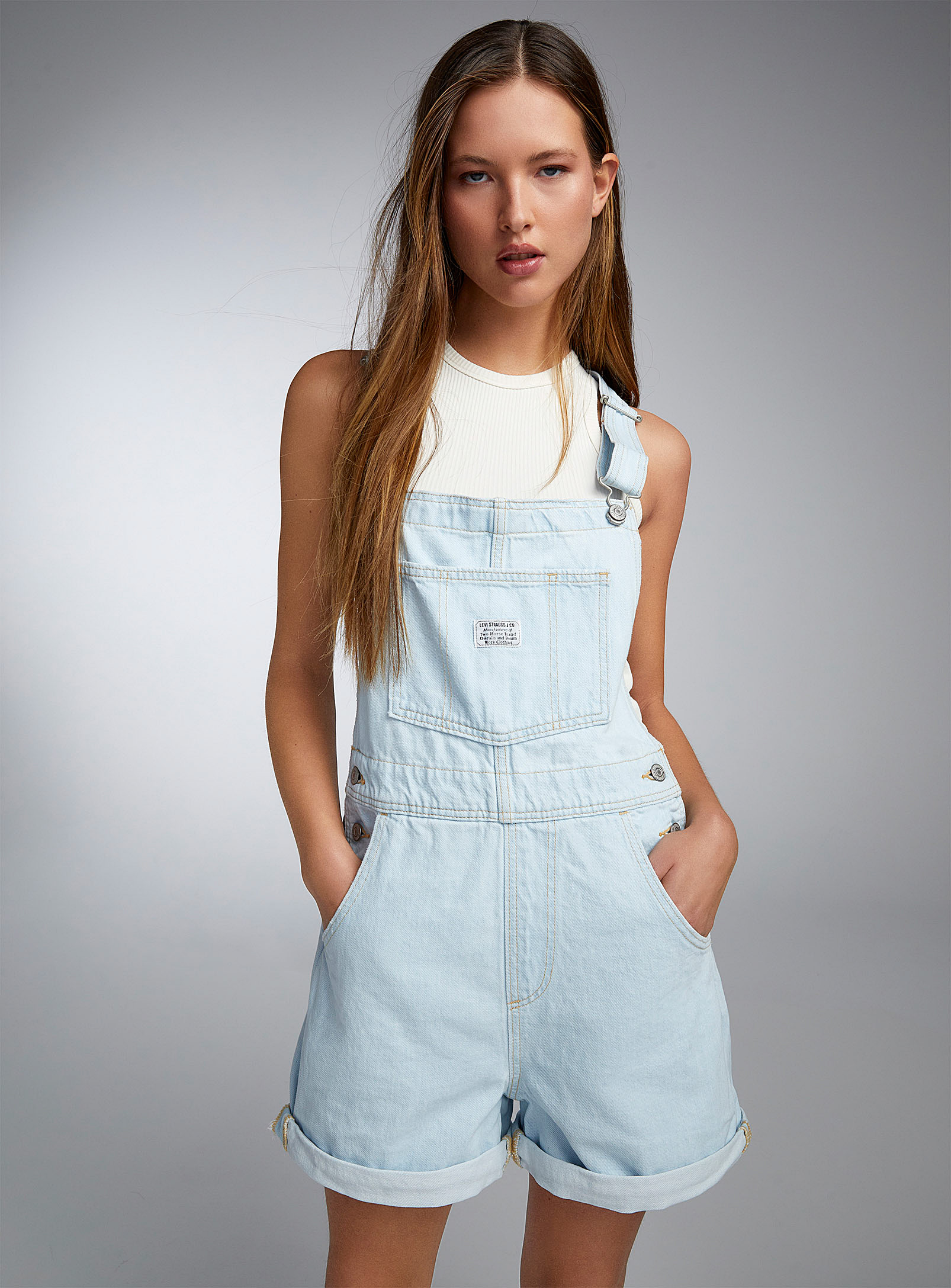 Levi's Vintage Light Blue Denim Overall-shorts In Baby Blue