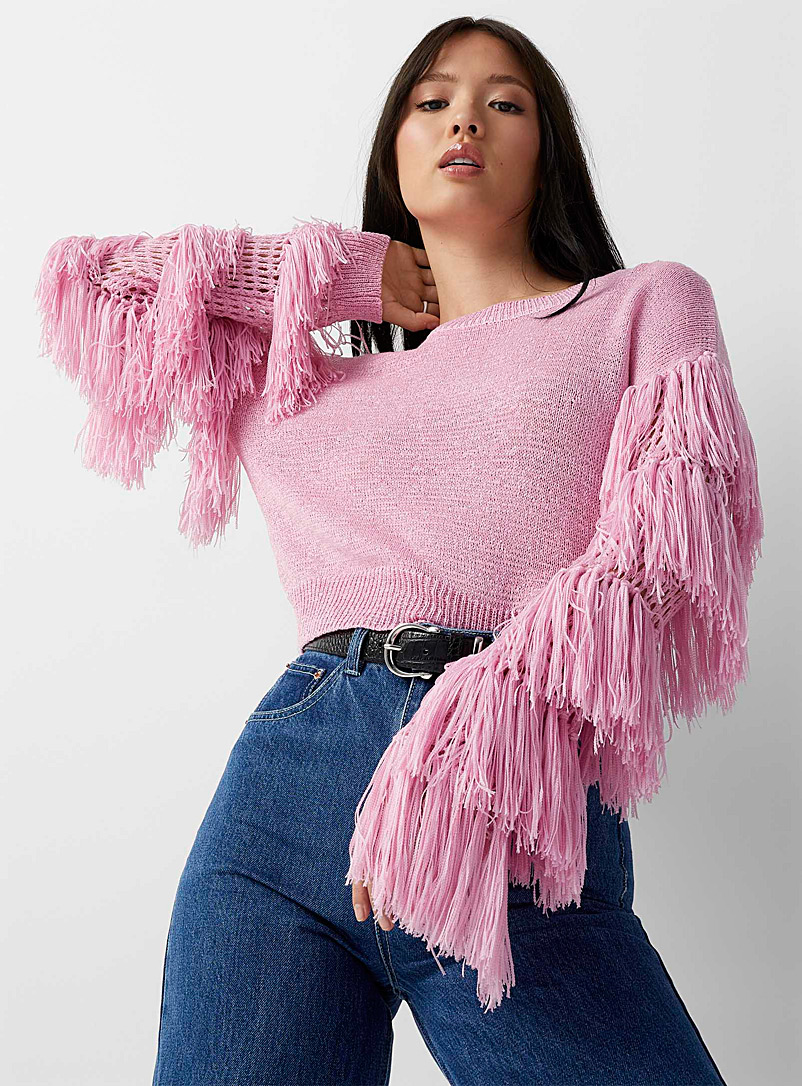 Twik Pink Fringed tiered-sleeve sweater for women