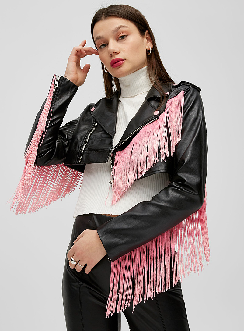 Twik Black Faux-leather pink fringes motorcycle jacket for women
