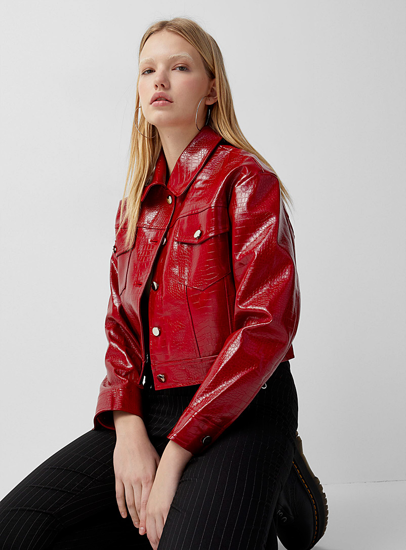 Twik Red Patented faux croc leather overshirt for women