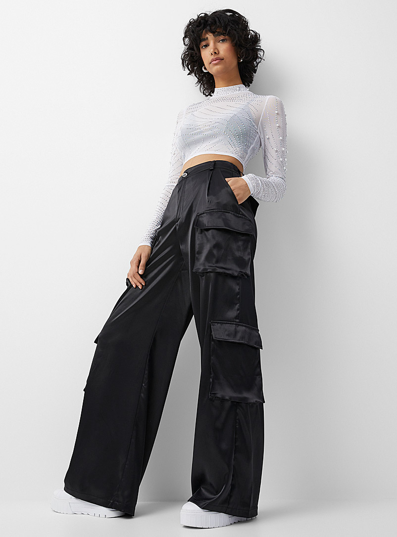 Twik Black Cargo pockets and satin wide-leg pant for women