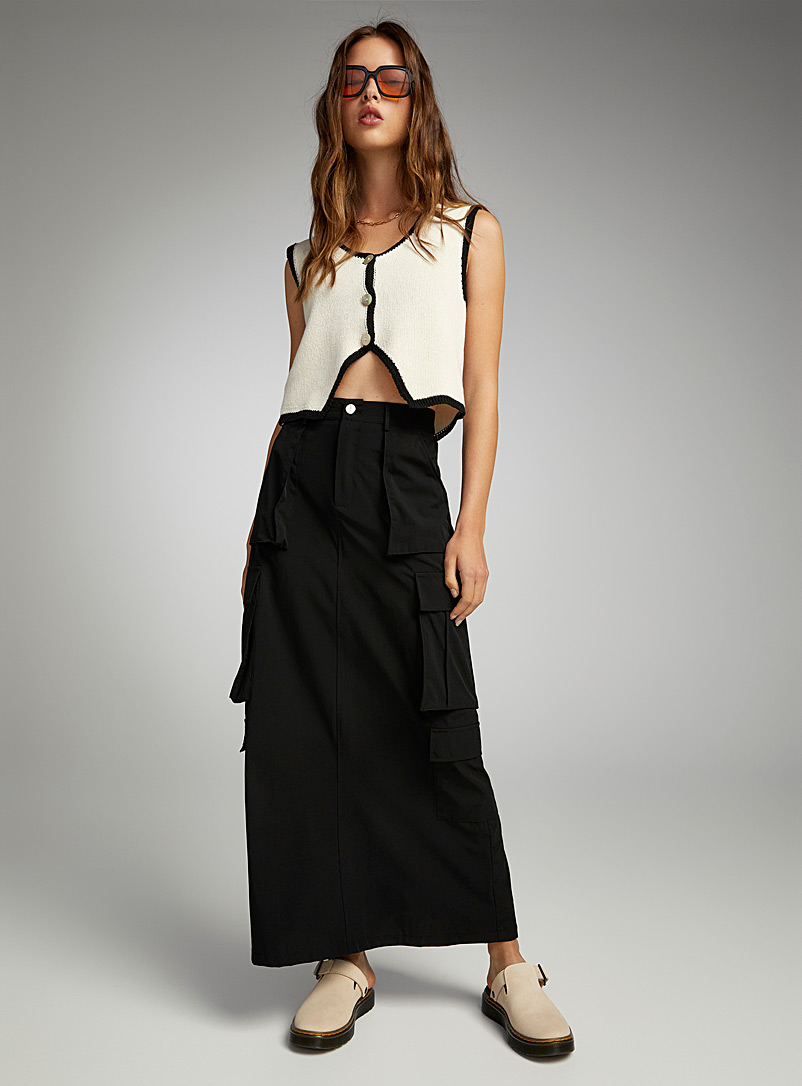 Twik Black Flap pockets nylon skirt for women