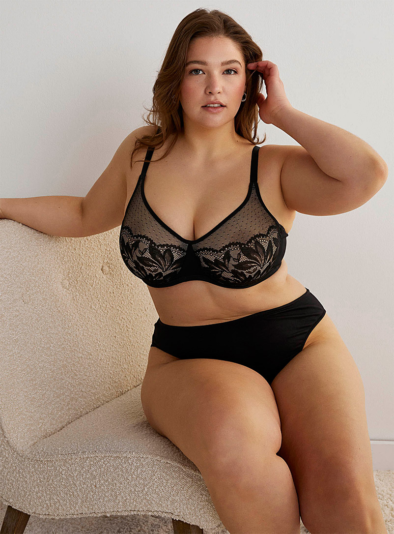 Wonderbra Black Dotted micro-mesh and lace full coverage bra Plus size for women