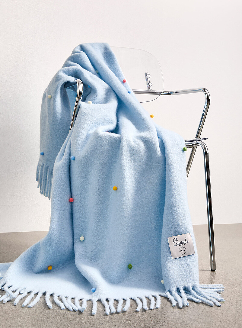 Colourful pompoms sky-blue faux-mohair throw 130 x 170 cm product image (primary)