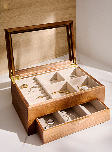 Acacia wood two-tiered jewellery box