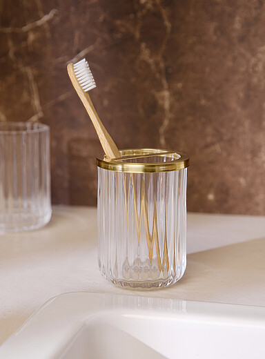 Gold accent grooved glass toothbrush holder