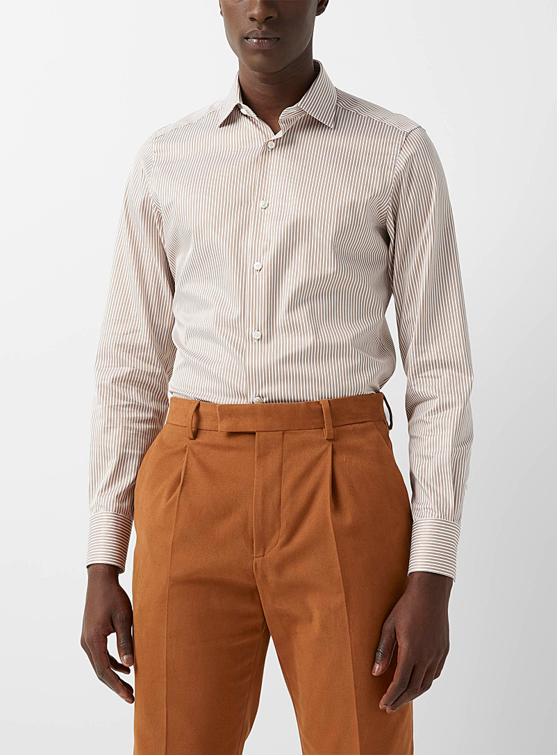 Zegna: La chemise rayures caramel Blanc à motifs pour homme