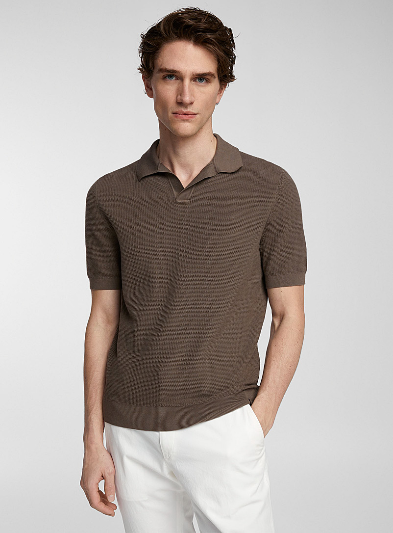 Zegna Brown Pointelle knit Johnny collar polo shirt for men