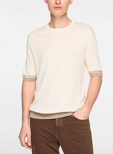 Zegna Patterned Ecru Striped trim waffle texture short-sleeve sweater for men