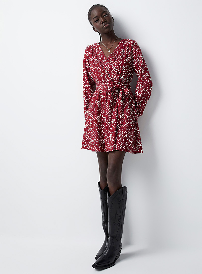 Twik Patterned red Belted crossover dress for women