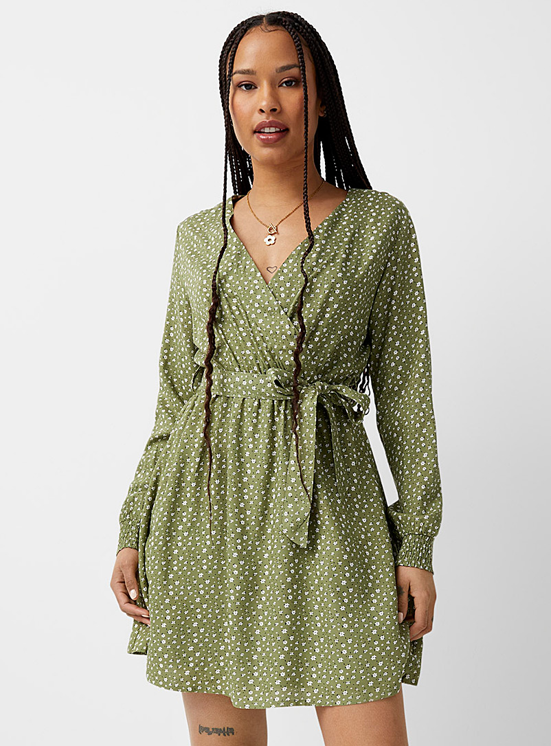 Twik Patterned green Belted crossover dress for women