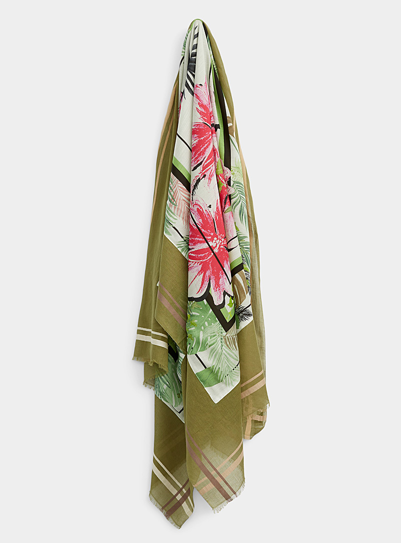 Moment by moment Patterned Green Pink hibiscus lightweight scarf for women