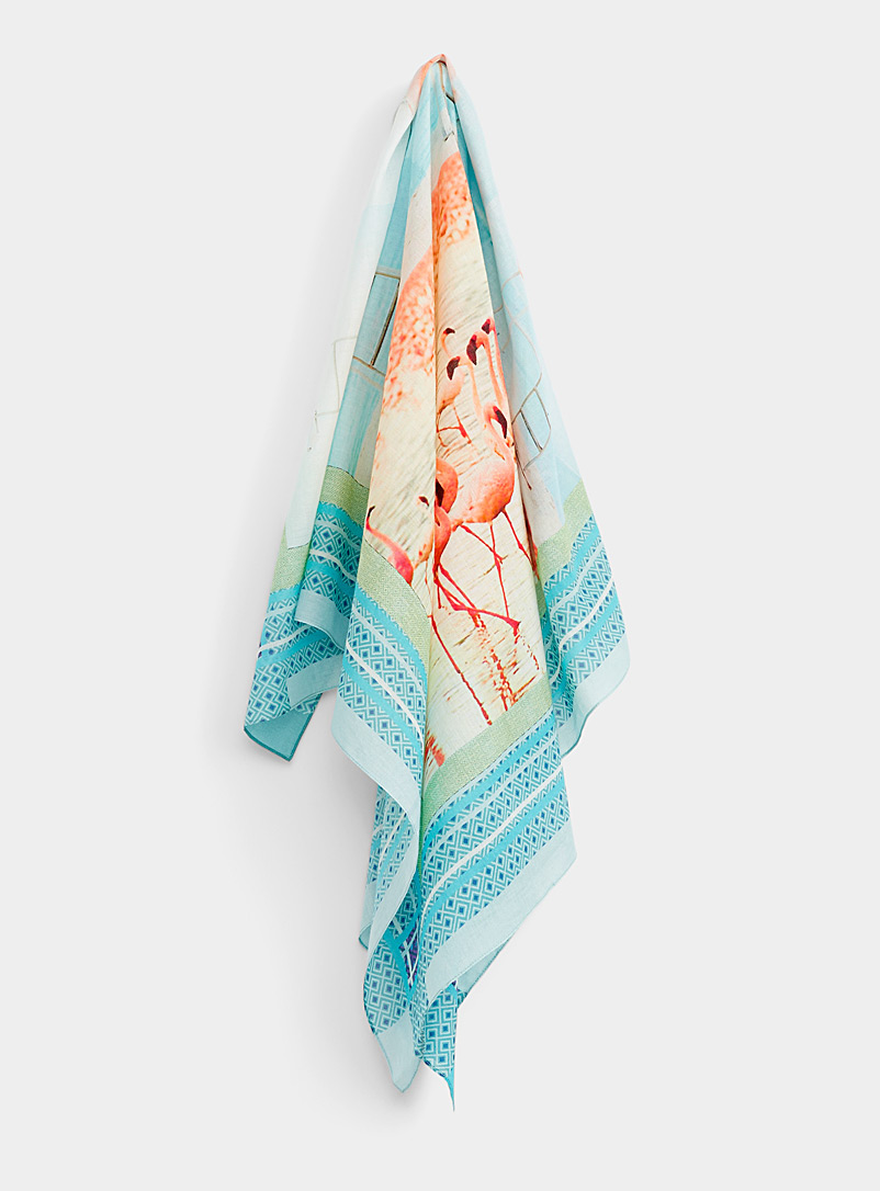 Moment by moment Patterned Blue Large pink flamingo scarf for women